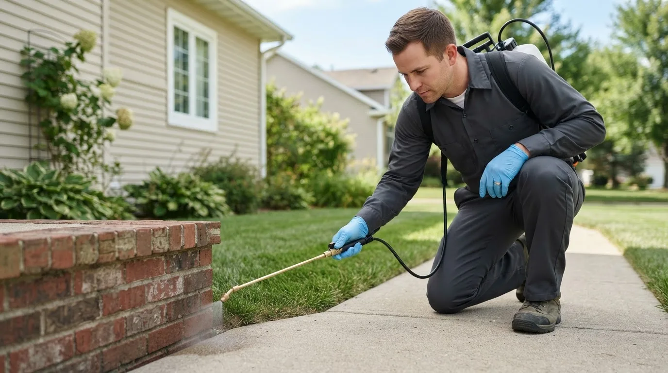 Pest control technician treating a home near North Bend, PA